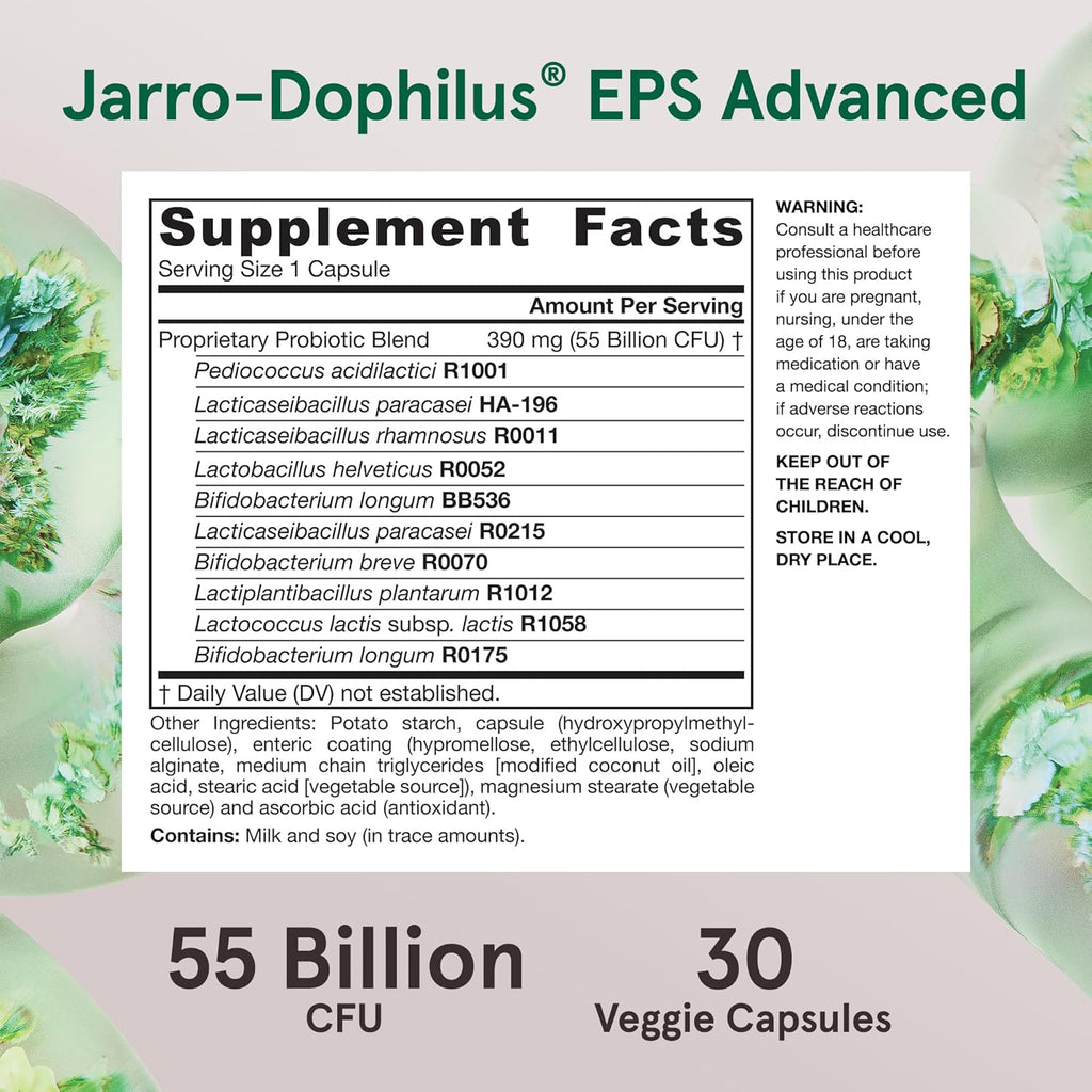 Jarrow Formulas Jarro-Dophilus EPS Advanced, 55 Billion CFU Probiotics, Digestive Support for Adults, 30 Probiotic Supplement Veggie Capsules, Up to 30 Day Supply