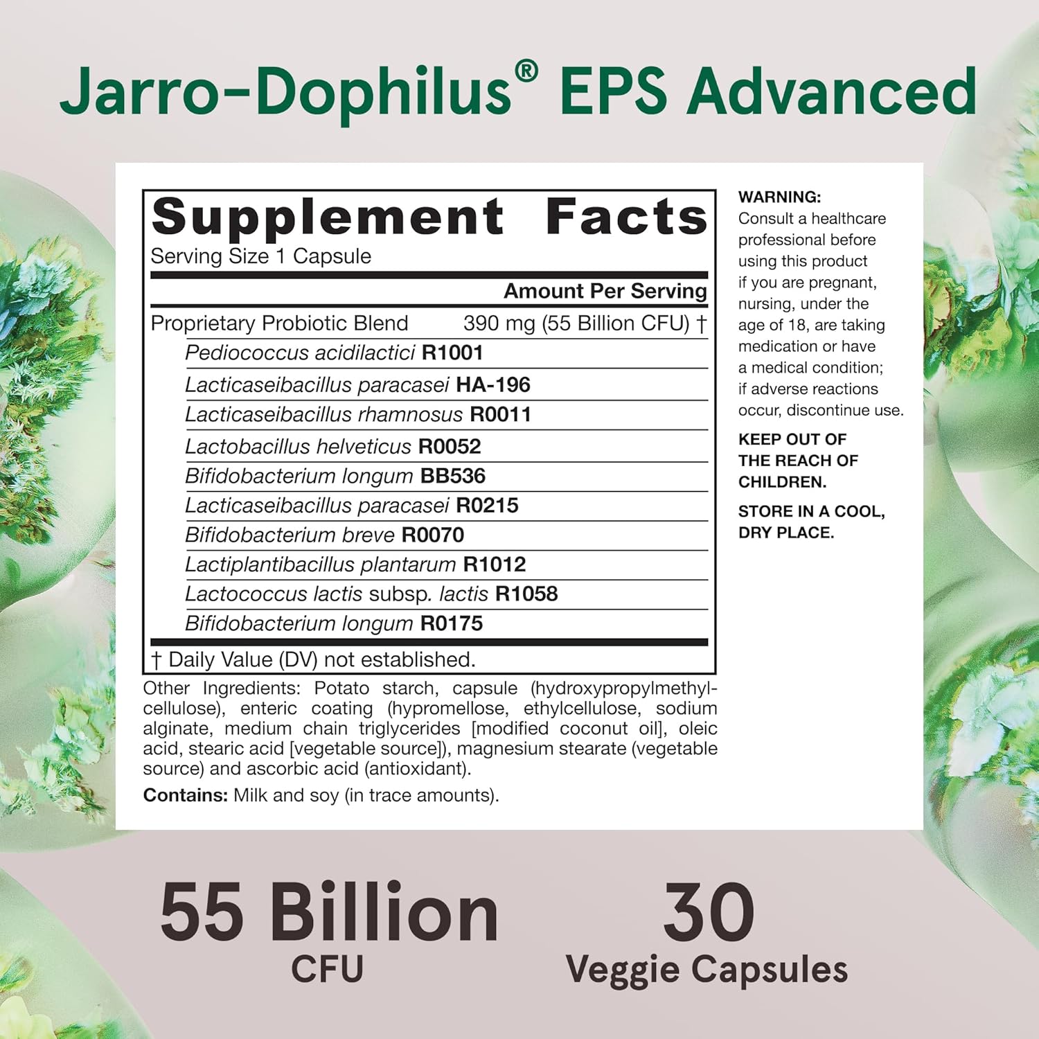 Jarrow Formulas Jarro-Dophilus EPS Advanced, 55 Billion CFU Probiotics, Digestive Support for Adults, 30 Probiotic Supplement Veggie Capsules, Up to 30 Day Supply
