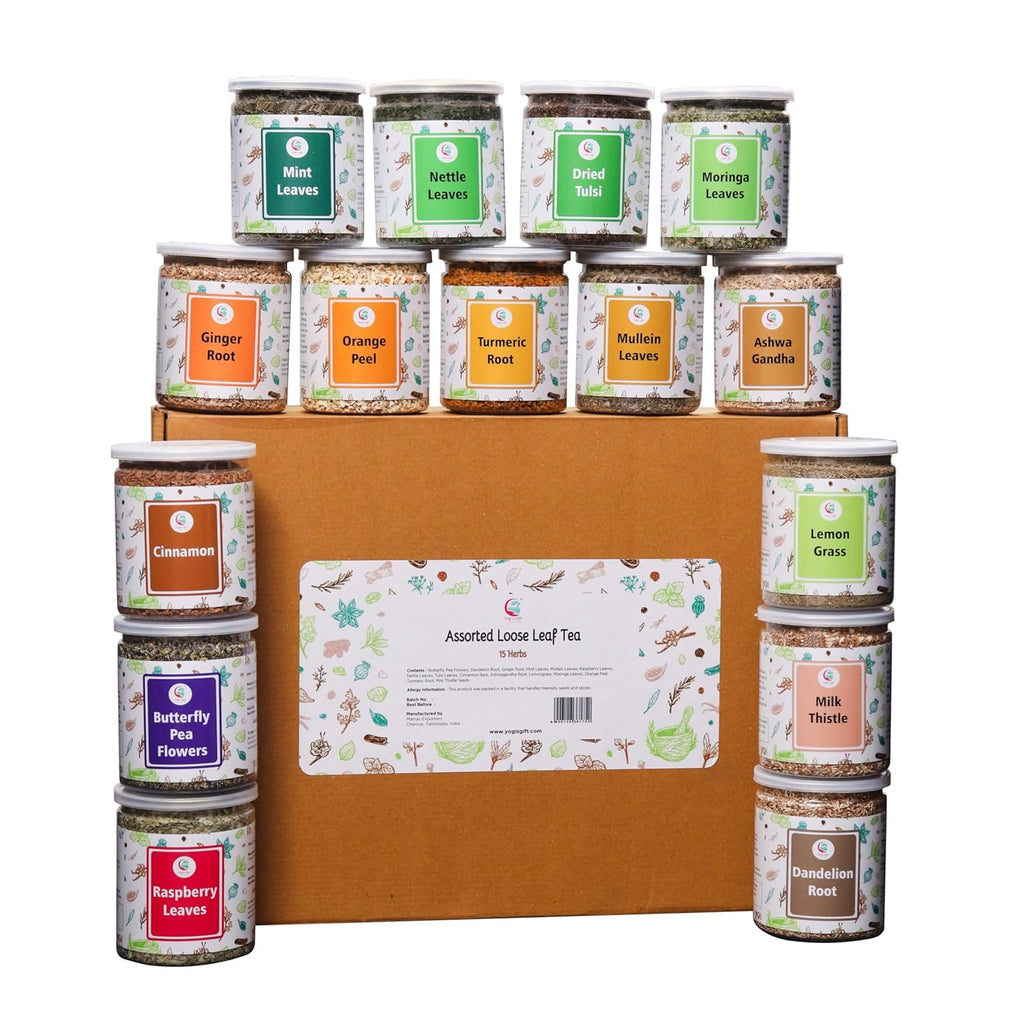 Assorted Loose Leaf Tea | 15 Delightful Herbs | Upto 900 Servings | 100% Raw & Natural | Add Health to your Soups, Smoothies, Teas and more | By Yogi's Gift®