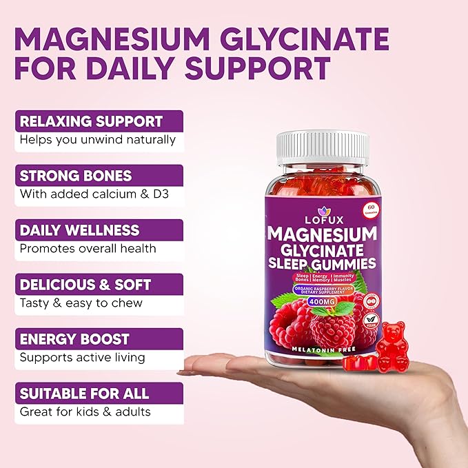 Lofux Magnesium Glycinate Gummies 400mg, Sugar Free Magnesium Gummies for Adults Women, Men, Chewable Supplement Gummy with L-Threonate, Vitamin D, B6, CoQ10 - for Calm, Sleep, Body Relaxation, 120 Ct