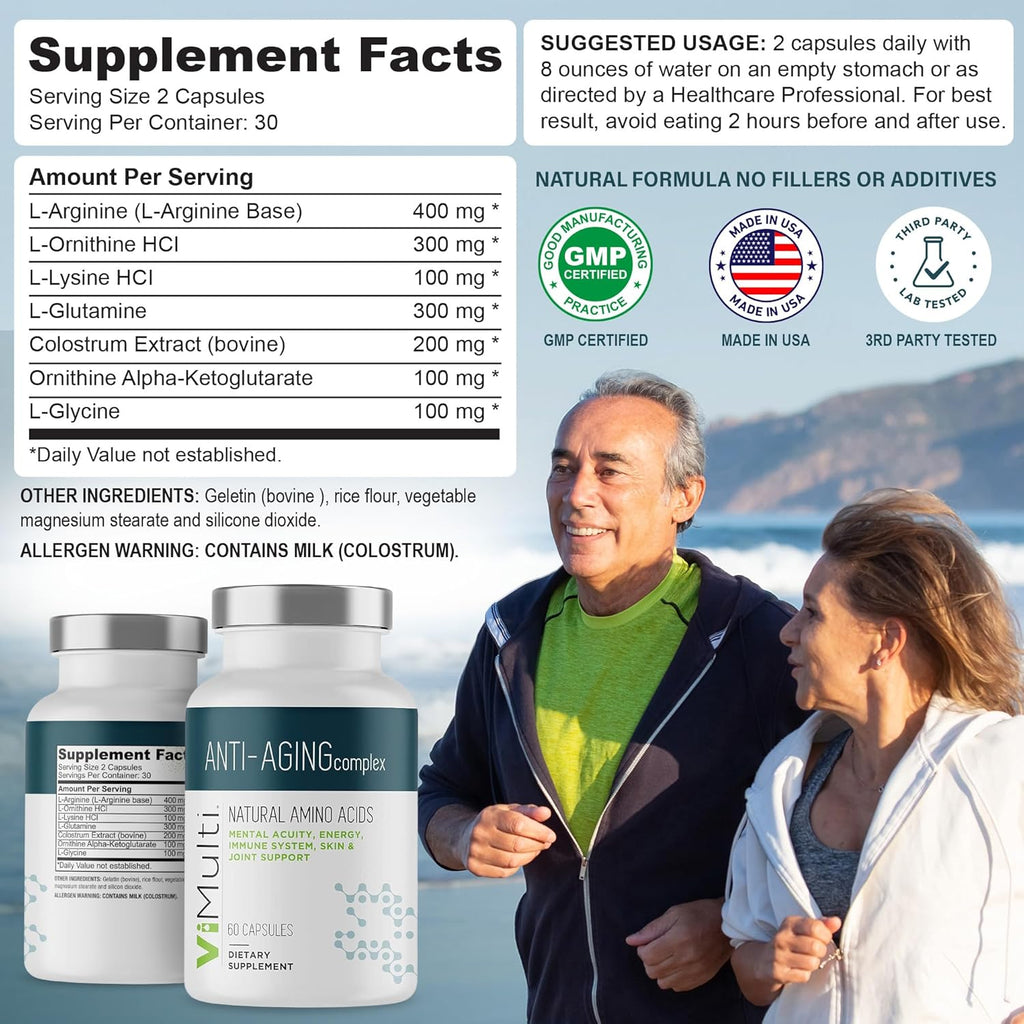 Anti-Aging Natural Amino Acids Supplement for Women & Men – Supports Immune Health, Energy, Smoother Skin Tone, & Restorative Sleep, Anti-Aging Supplement Pills for Longevity, 60 Capsules