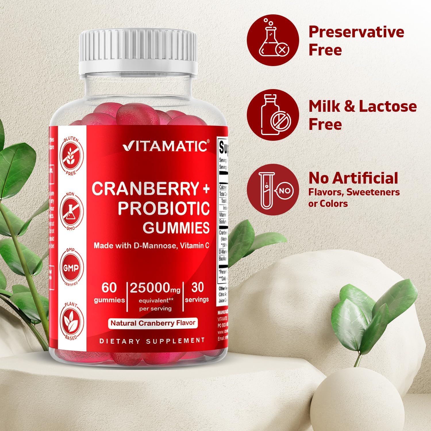 Vitamatic 2 Pack Vegan Cranberry Gummies with D-Mannose, Probiotic & Vitamin C for Women Urinary Tract Health - 25000mg Equivalent Per Serving (from 50:1 Extract 500 mg) - 60 Count
