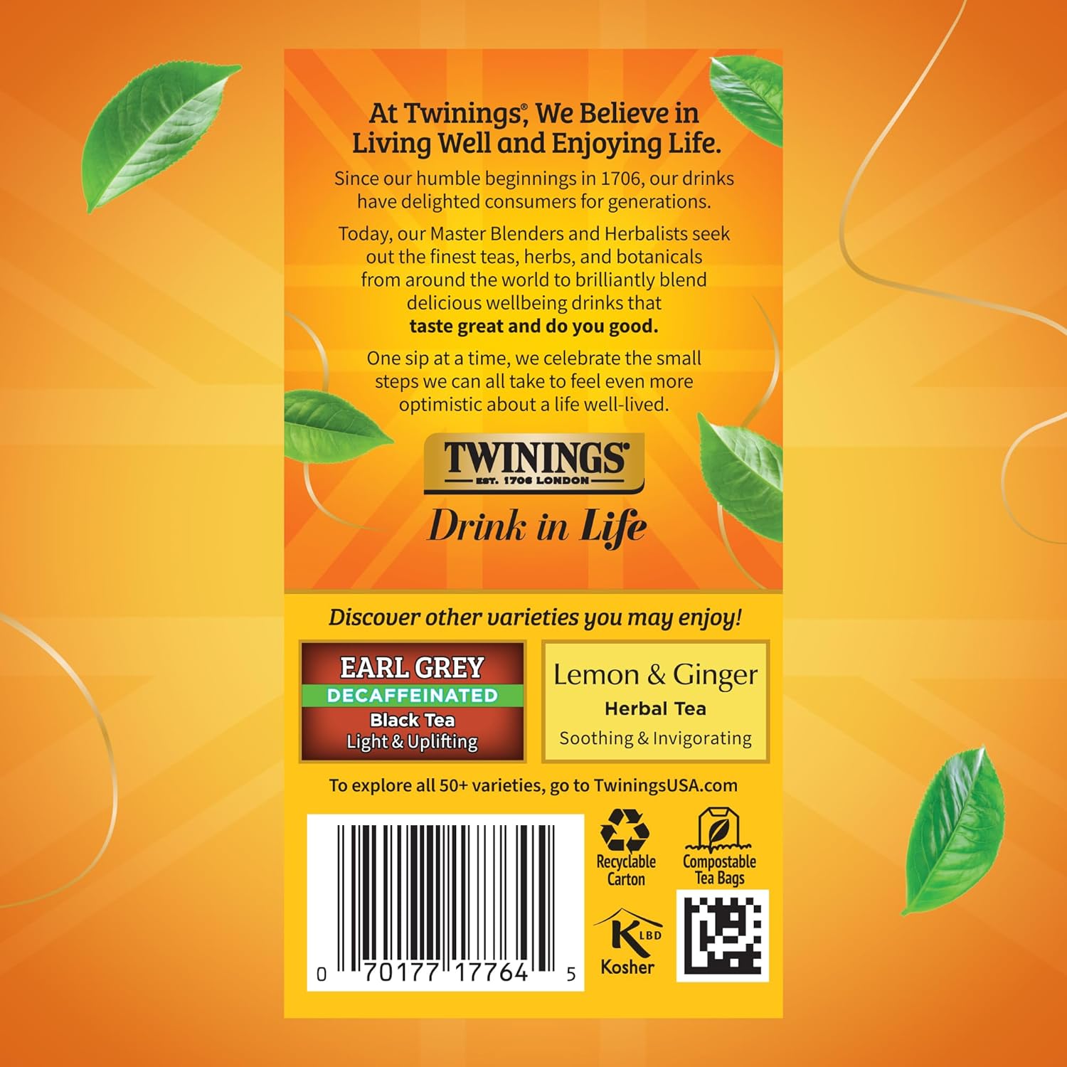 Twinings Decaffeinated Lady Grey Black Tea Individually Wrapped Bags, 20 Count (Pack of 6), Orange Peel & Lemon Peel, Enjoy Hot or Iced, 120 Teabags