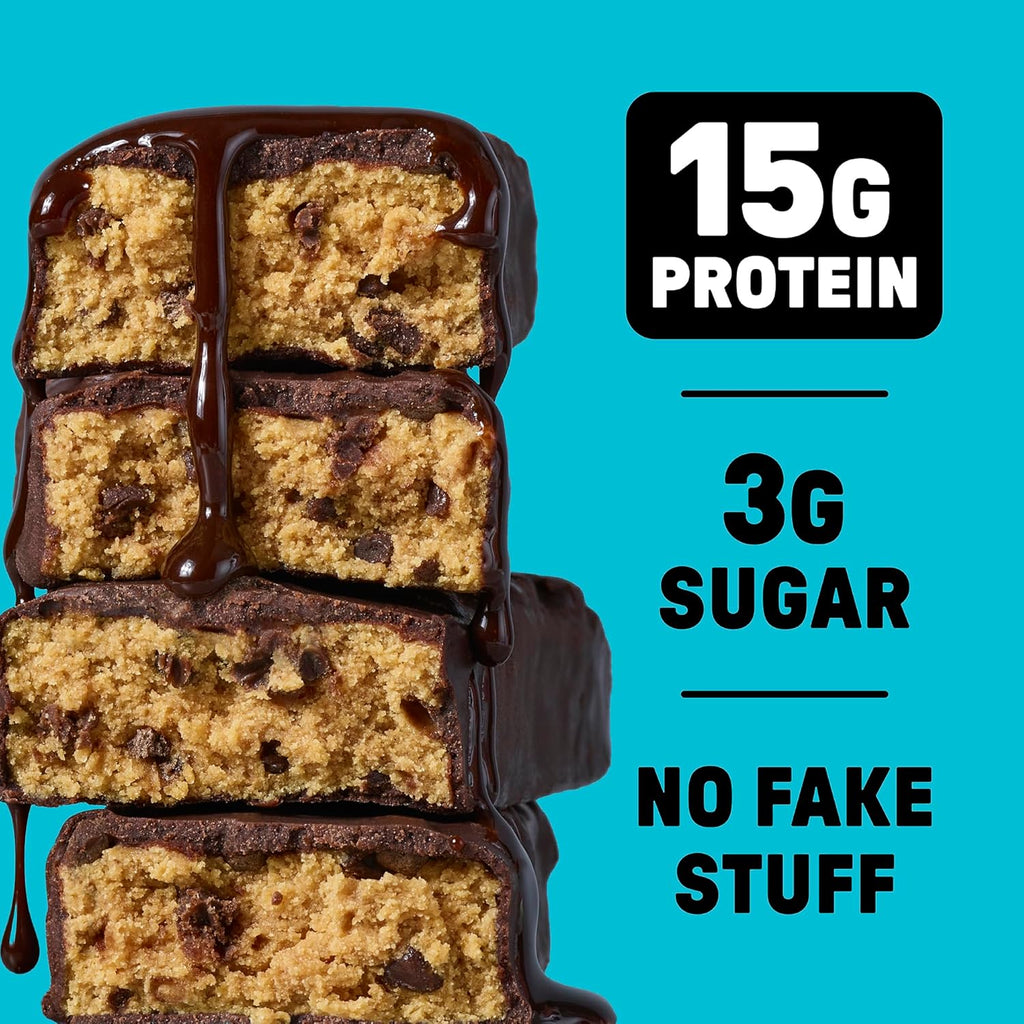 JUNKLESS Protein Bars - Chocolate Chip Cookie Dough - 15g Protein, No Added Sugar, Gluten Free, High Fiber, Delicious Taste and Texture, Satisfying, Healthy Snack for Energy - 12 Bars