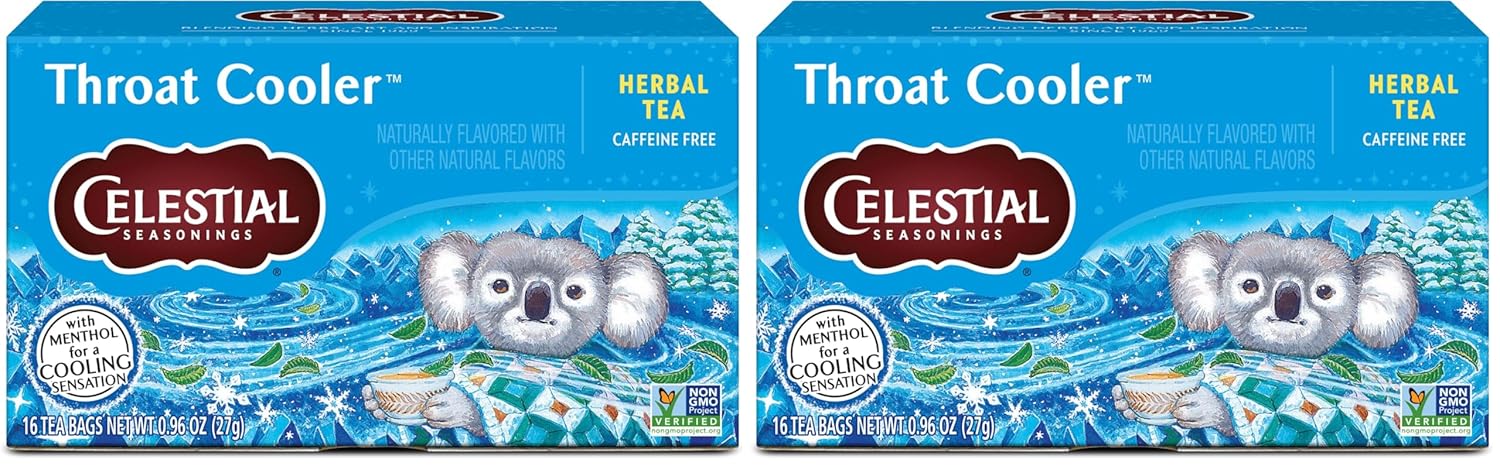 Celestial Seasonings Throat Cooler Herbal Tea, Caffeine Free, 16 Tea Bags Box (Pack of 2)