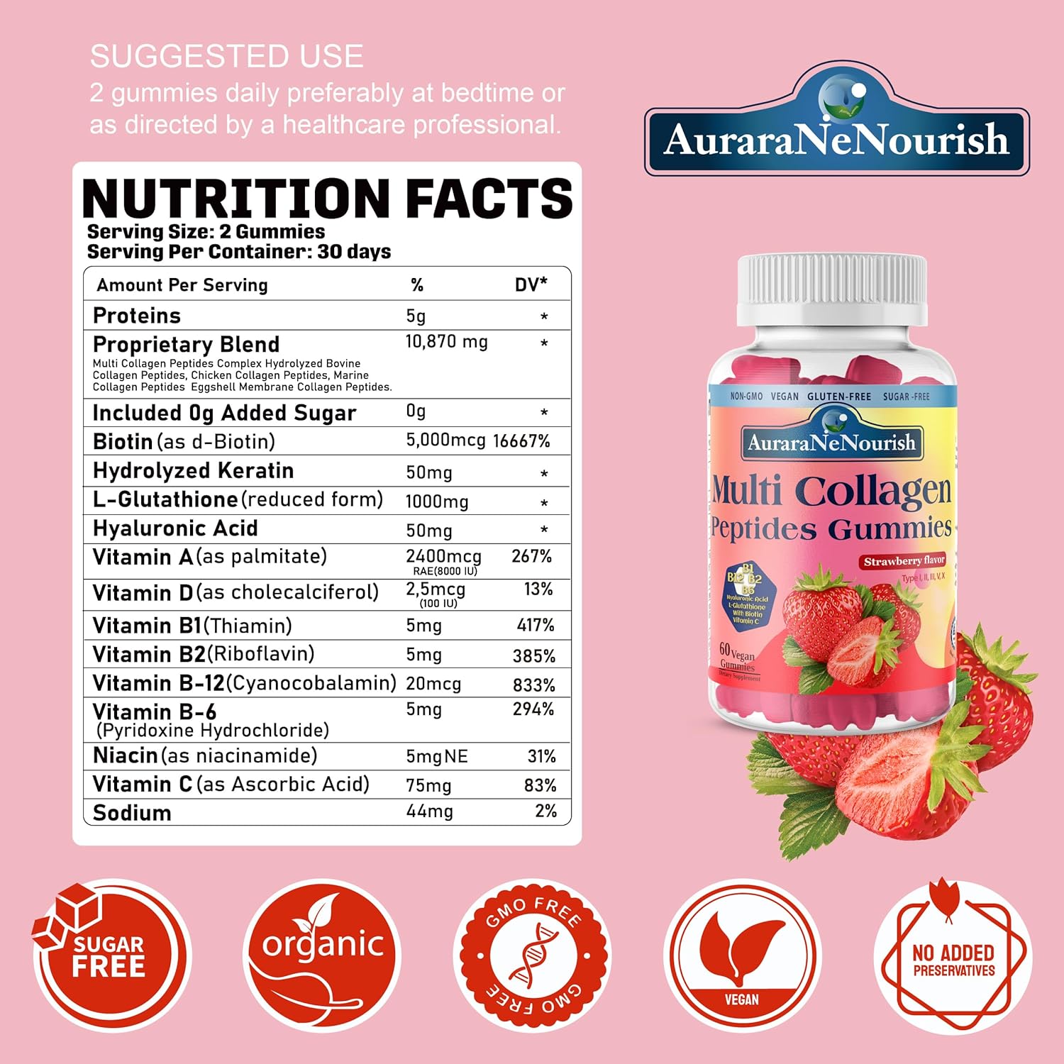Multi Collagen Peptides Gummies, Sugar Free Hydrolyzed 5000mg Protein丨Type I,II,III,V,X with Biotin Hyaluronic Acid Vitamin C A D B6 B12 L-Glutathione for Skin Hair Nail Joint Bone -Strawberry Gummies
