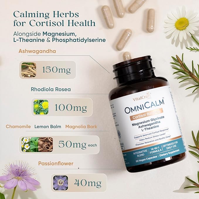 OmniCalm Cortisol Supplements for Women & Men | Stress Relief & Sleep Support with Magnesium & Ashwagandha, L Theanine | 14-in-1 Cortisol Reducer, Manager, Detox – USA