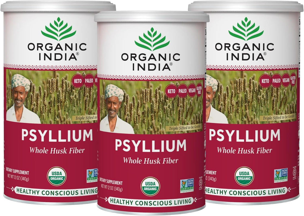 ORGANIC INDIA Psyllium Herbal Powder - Whole Husk Fiber Supplement, Digestion Support, Vegan, Gluten-Free, USDA Certified Organic, Non-GMO, Soluble & Insoluble Fiber Source - 12 oz (Pack of 3)