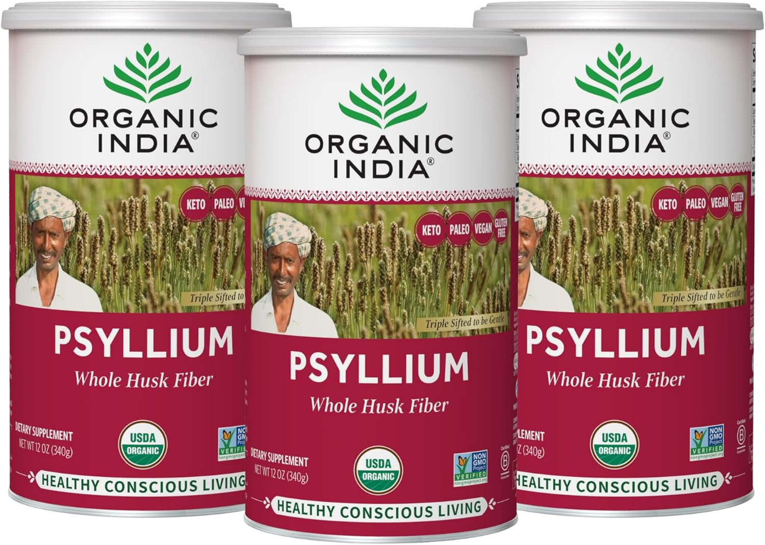 ORGANIC INDIA Psyllium Herbal Powder - Whole Husk Fiber Supplement, Digestion Support, Vegan, Gluten-Free, USDA Certified Organic, Non-GMO, Soluble & Insoluble Fiber Source - 12 oz (Pack of 3)