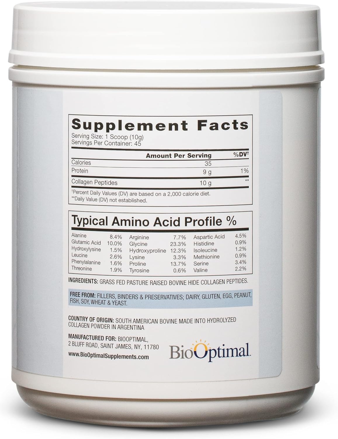 BioOptimal Collagen Peptides Powder - Grass-Fed, Pasture-Raised Hydrolyzed Protein Supplement for Skin, Hair, & Nails - Non-GMO, Zero Sugar Daily Supplement for Men & Women (45 Servings)
