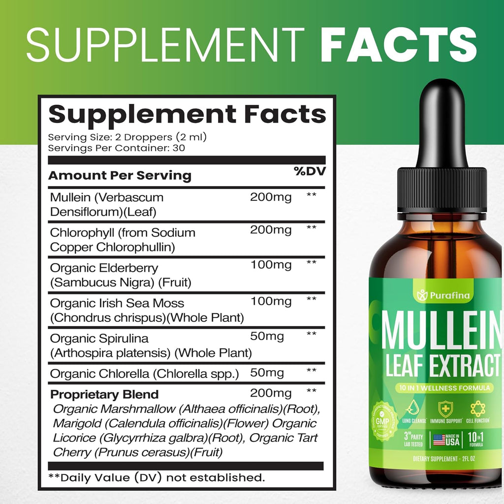 Mullein Drops For Lungs, 10-in-1 Mullein Leaf Extract for Lung Cleanse with Chrolophyll, Sea Moss, Spirulina, Elderberry Organic Respiratory Health Lung Detox - USA Made Mullin Supplement (1 Bottle)