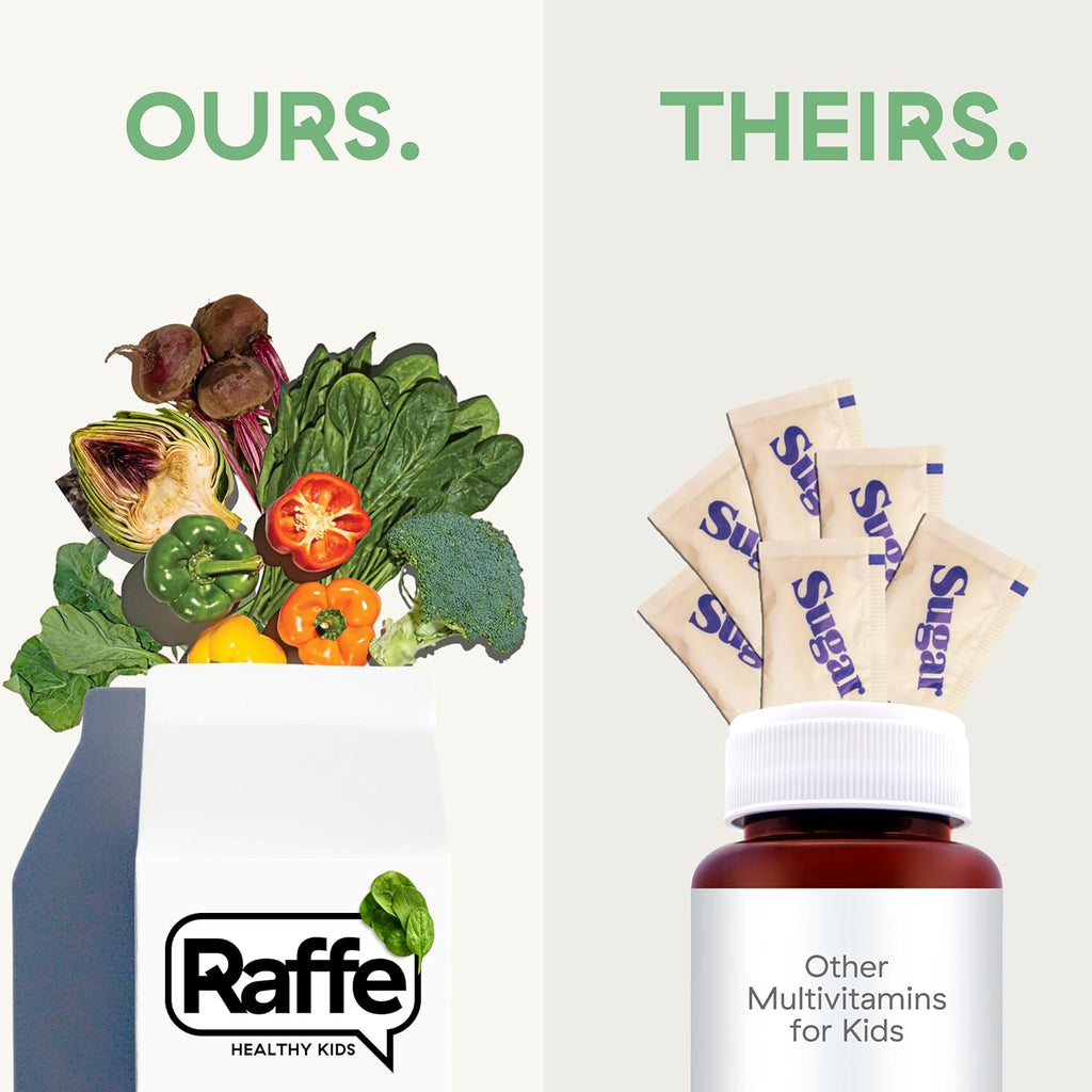 Raffe Kids Vitamins with Prebiotics - Sugar-Free Chewable Kids Multivitamin with 50mg Omega 3 DHA, 3g Fiber, Iron & Folate, Supports Immunity & Digestive Health, Vegan-Friendly | 60 Chews