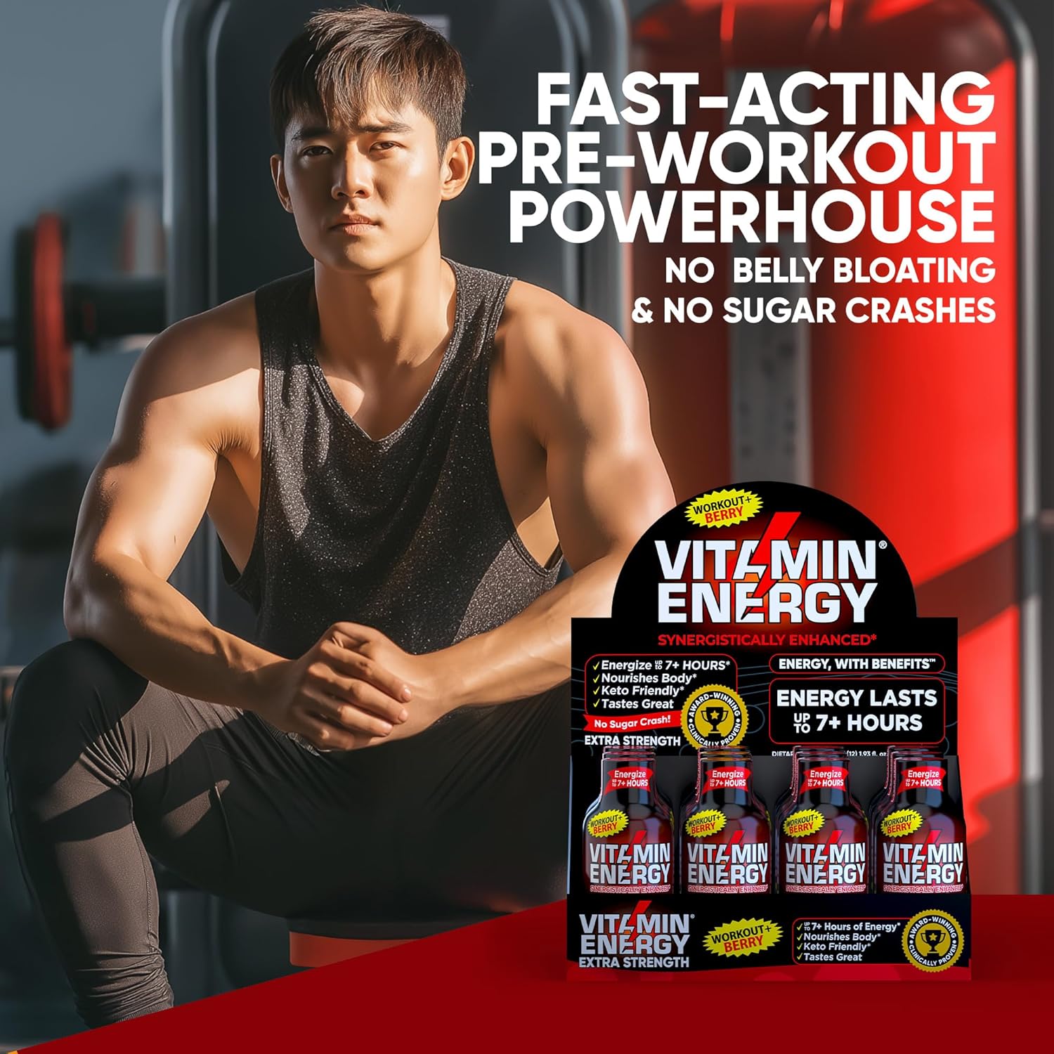 Vitamin Energy Workout+ Extra Strength Energy Shot Berry 10 Pack, 260mg Natural Caffeine, Pre-Workout, B-Vitamins, Minerals, Endurance & Performance, Zero Sugar, Gluten-Free, Vegan, 1.93 fl oz