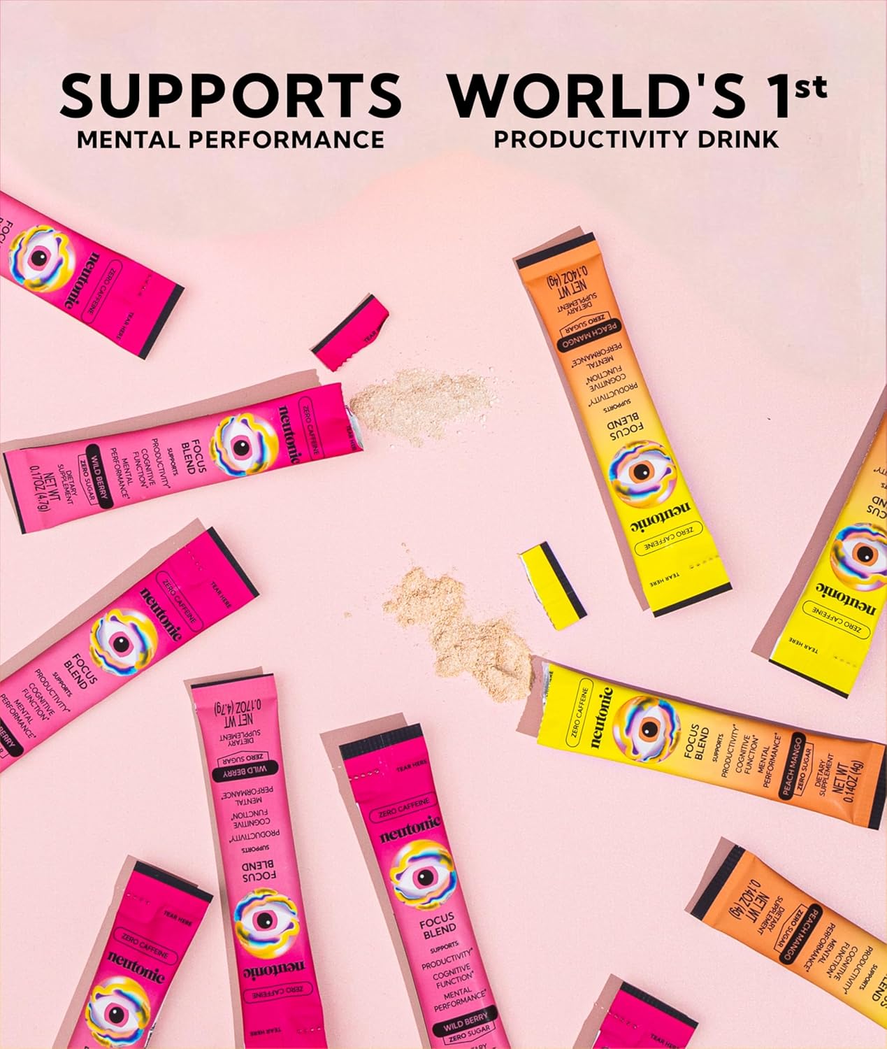 Neutonic Nootropic Focus Blend Powder | Peach Mango & Wild Berry 4 Sticks | Caffeine Free, Zero Sugar | Support Memory, Mental Clarity, Cognitive Function | Boost Focus, Energy, Brain Health