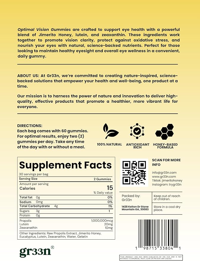 Gr33n Jimerito Honey Gummies | Vision and Eye Health Gummies | Optimal Vision | Lutein Plus Zeaxanthan