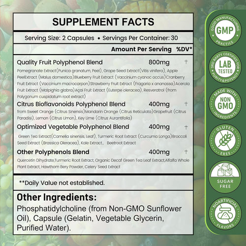 25-in-1 Polyphenols Supplement, 2000MG Powerful Antioxidants & Polyphenol for Age Defense, Polyphenol Superfood, Quercetin, Resveratrol, Plant-Based & Energy, Immune Support, 60 Capsules