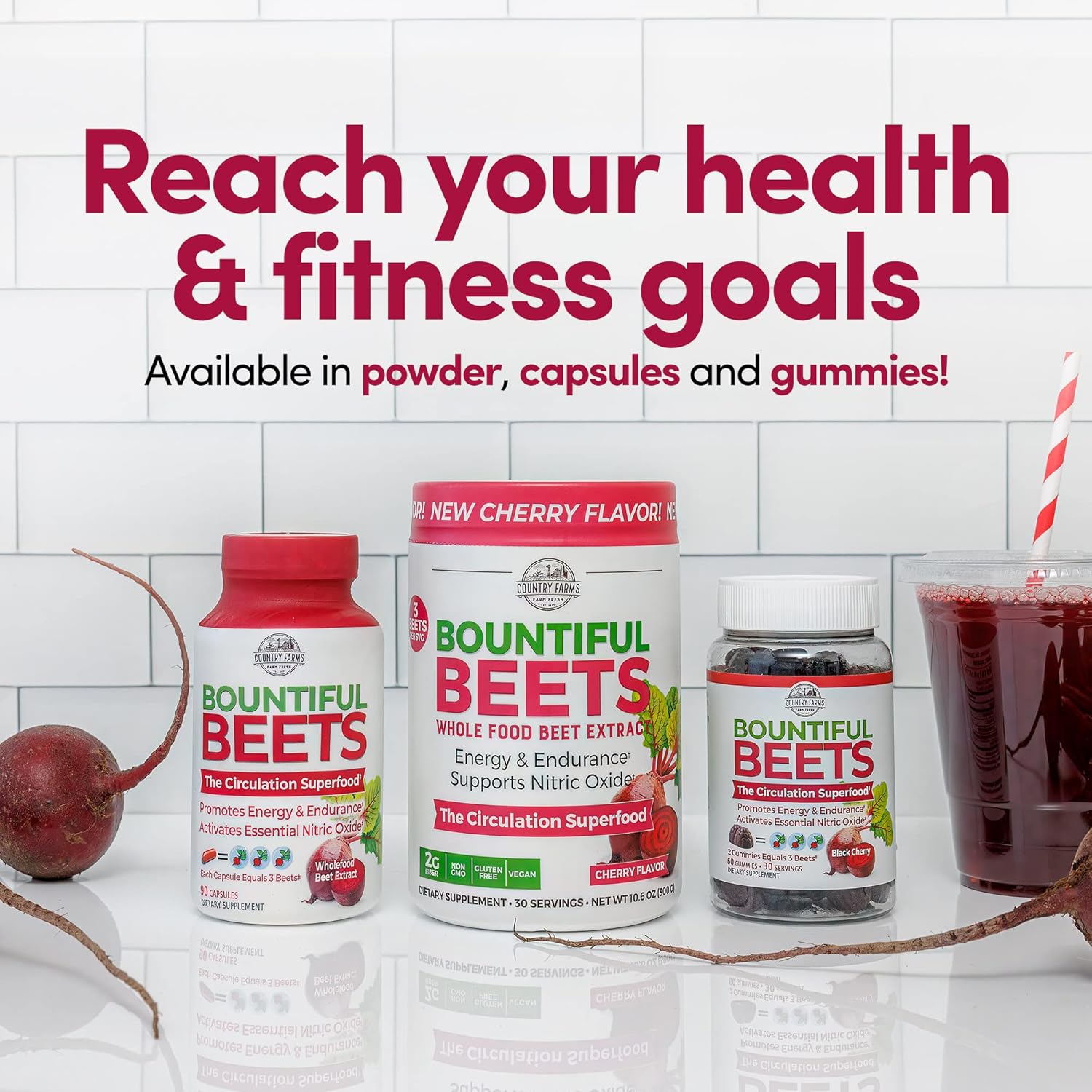 Country Farms Bountiful Beets, Wholefood Beet Extract Superfood, Helps Support Healthy Circulation and Promote Energy, Nitric Oxide Boost, Cherry Flavor, 30 Servings