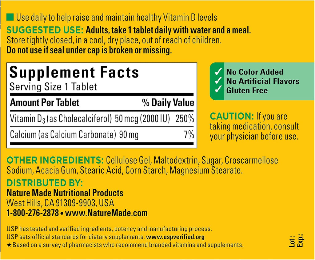 Nature Made Vitamin D3 2000 IU (50 mcg), Vitamin D Supplement for Bone, Teeth, Muscle and Immune Health Support, 220 Tablets, 220 Day Supply