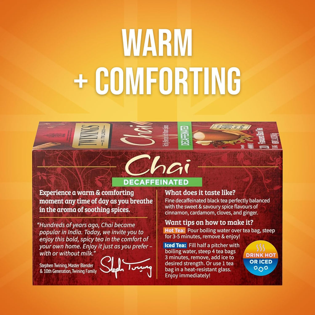 Twinings Decaffeinated Chai Individually Wrapped Bags, 20 Count (Pack of 1), Sweet, Savoury Spices, Enjoy Hot or Iced, 20 Teabags