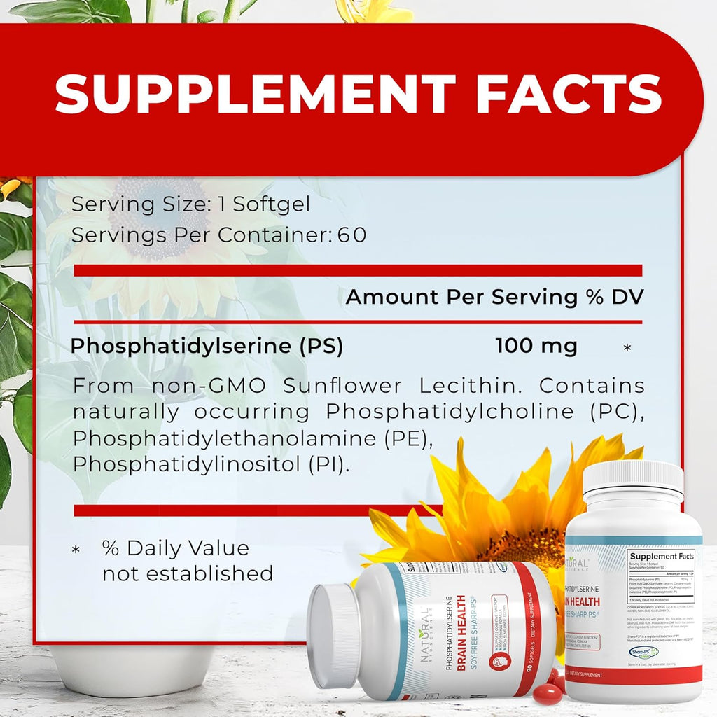 Soy Free Phosphatidylserine 100mg Softgel - PS Supplement Boosts Memory, Focus, Problem Solving, Cortisol Control. Natural Sunflower Lecithin, Patented Sharp PS-Green. Non-GMO, 60 Softgels