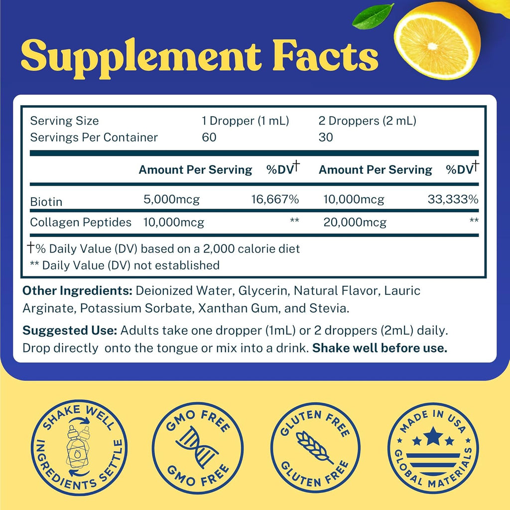 Concentrated Liquid Collagen Peptides Supplement - Hair, Skin, Nail, Joints Support - Sublingual Drops by WINDSOR BOTANICALS - 10,000mcg Collagen, 5,000mcg Biotin - Lemon Flavor - 2-Month - 2 oz
