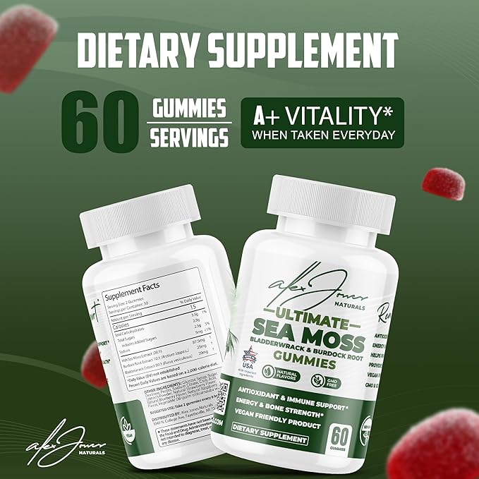 Ultimate Irish Sea Moss Gummies with Bladderwrack & Burdock Root – Sea Moss Bladderwrack Burdock Root – Caramel Apple Flavor – Plant-Based Mineral Blend – Vegan, Non-GMO – 60 Gummies