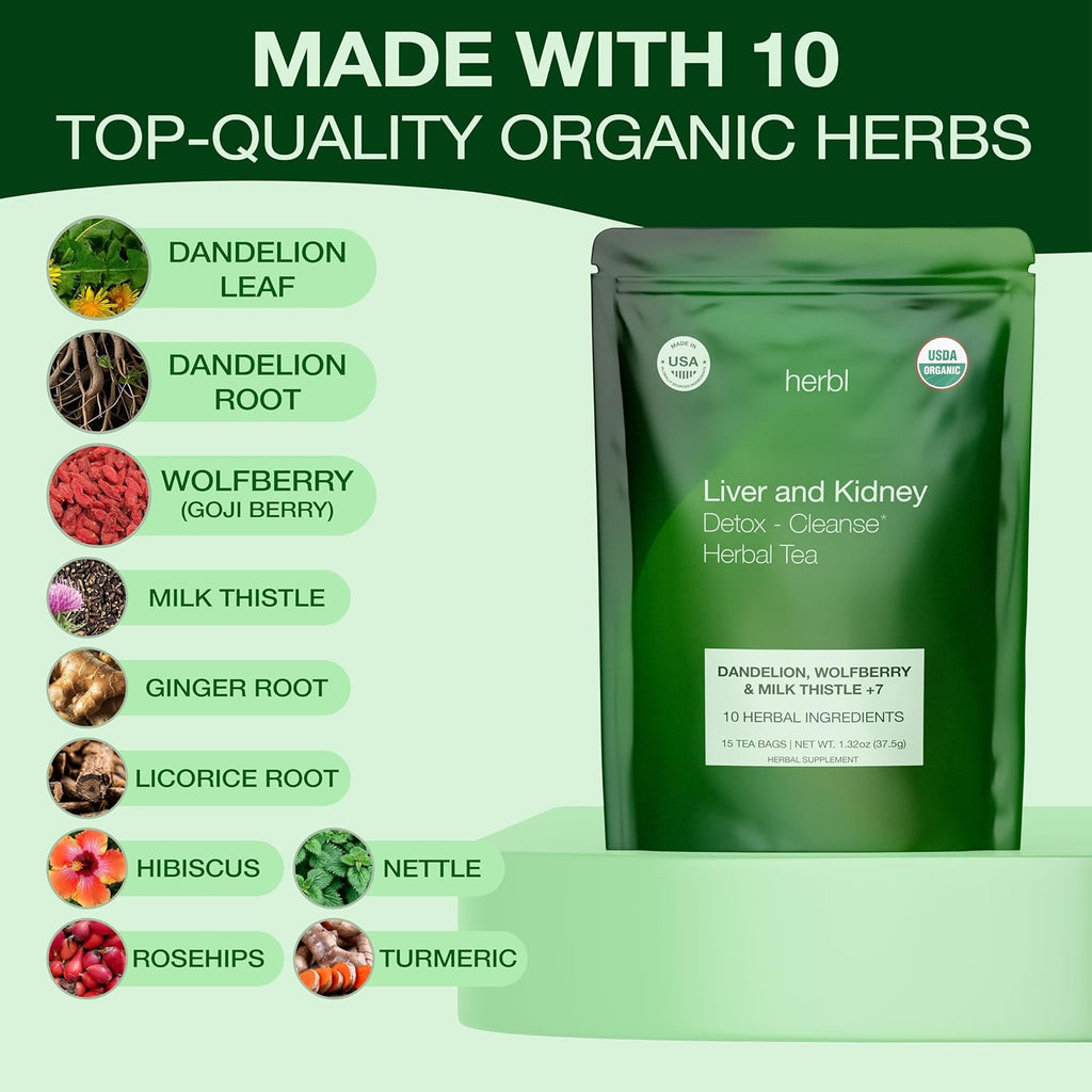 Organic Dandelion Wolfberry Tea - Kidney and Liver Detox Tea - Organic Liver Kidney Cleanse & Detox with Dandelion, Goji Berry, Milk thistle, Turmeric, Hibiscus and extra Herbal Ingredients