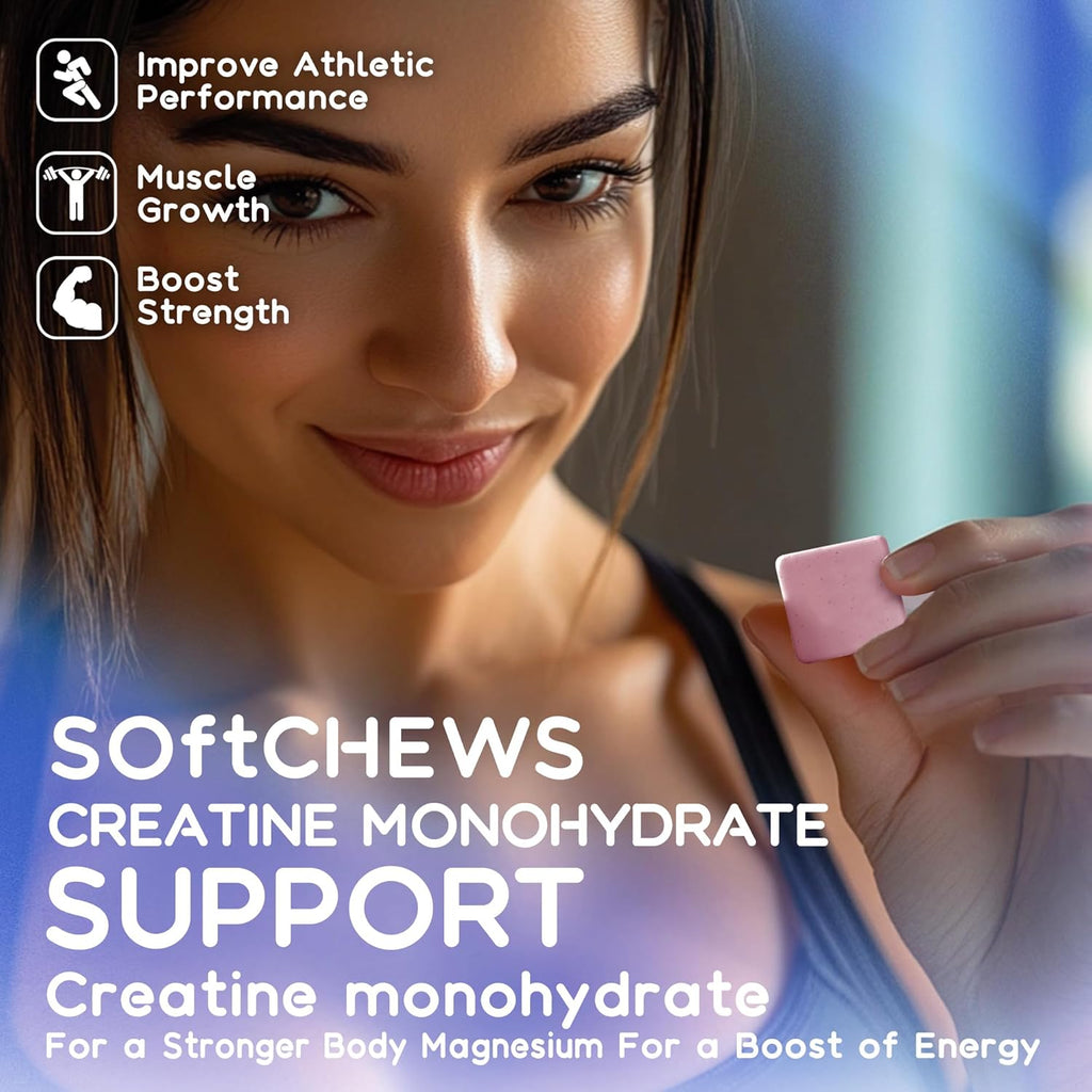 Creatine Monohydrate Chews Complex 6400mg for Men & Women -Advanced Formula W/L-Taurine + Vitamin B12, Sugar Free Chewable Supplement,60 Blueberry Softchews