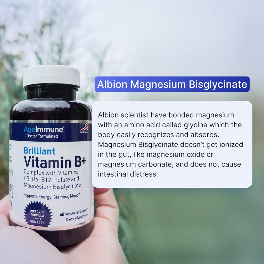 Vitamin B Complex with Vitamin D3 B12 B6 Magnesium Bisglycinate and Folate as Methylfolate - Doctor Formulated Methylated B Complex Supplement – 60 Capsules - Without Niacin