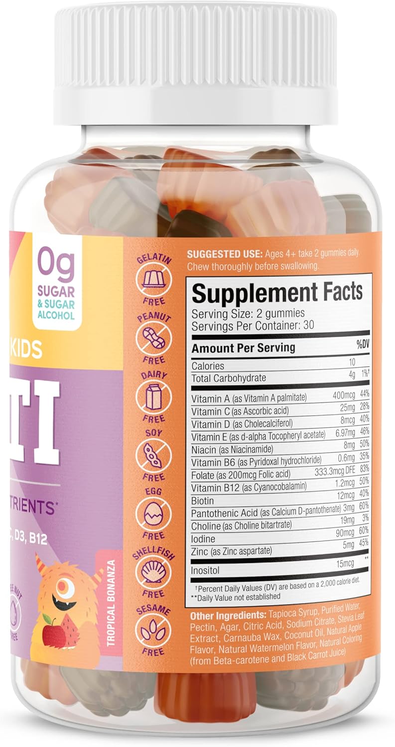 SUKU The Complete Kids Multivitamin Gummies – Vitamins A, C, D, E, B6, B12, Folate & Zinc – Immune Support, Sugar-Free, Gluten-Free, Non-GMO, Tropical Bonanza Flavor – 60 Count
