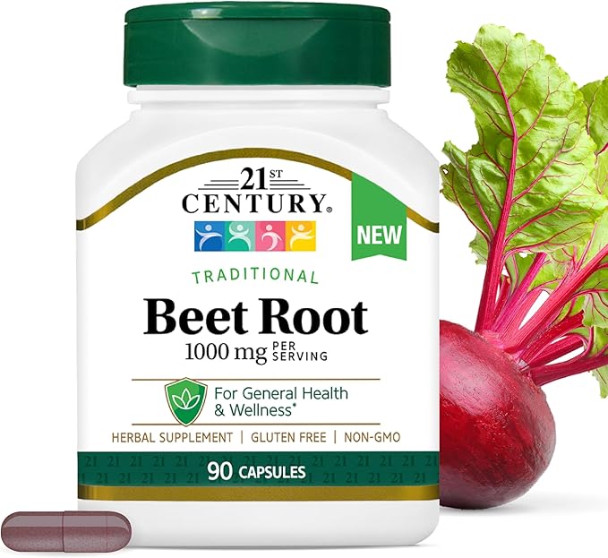 21st Century Traditional Beet Root 1000 mg (90 Count), Gluten-Free Beet Supplement for General Health and Wellness Support, Non-GMO, Vegan, Free from Common Allergens, 45 Servings