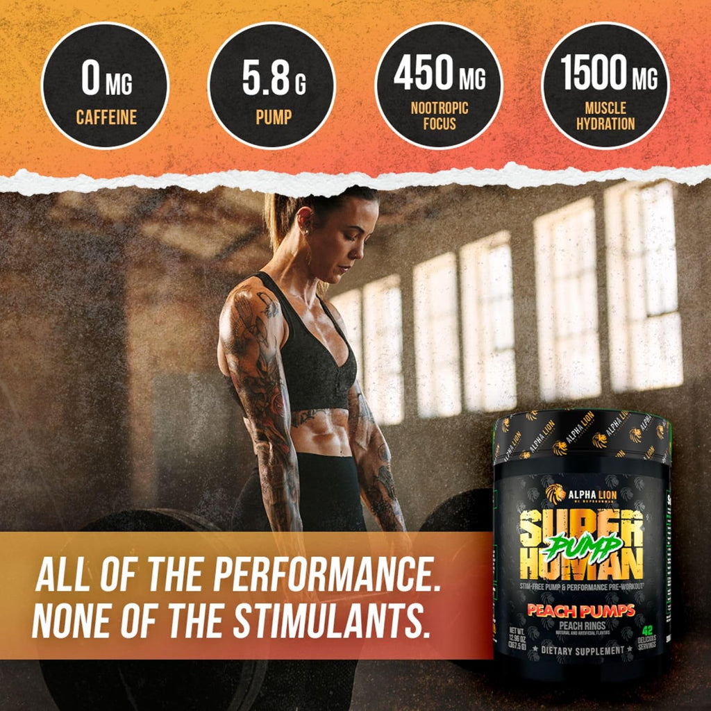 ALPHA LION Superhuman Pump Pre Workout Powder, Nootropic Caffeine & Stim Free Preworkout Supplement, Nitric Oxide Booster, Muscle Gainer, Energy & Focus (42 Servings, Peach Pumps Flavor)