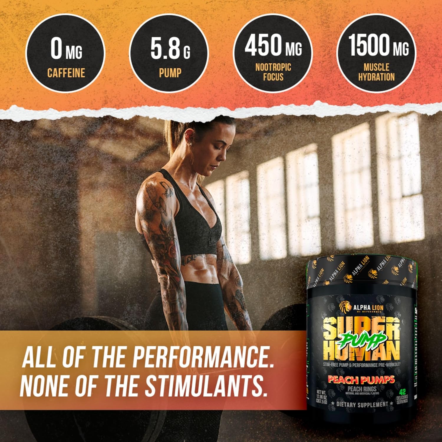 ALPHA LION Superhuman Pump Pre Workout Powder, Nootropic Caffeine & Stim Free Preworkout Supplement, Nitric Oxide Booster, Muscle Gainer, Energy & Focus (42 Servings, Peach Pumps Flavor)