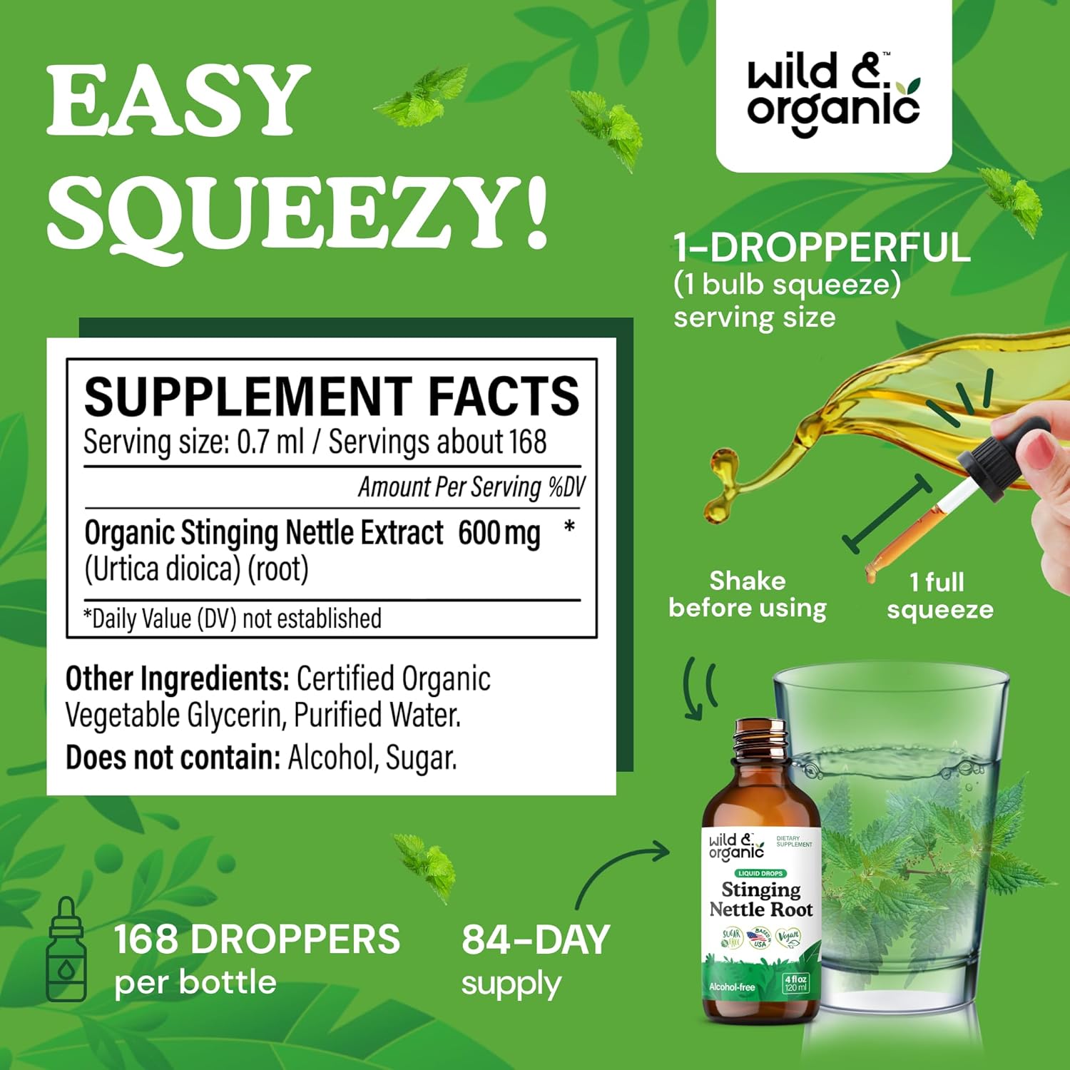 Wild & Organic Stinging Nettle Tincture - Stinging Nettle Root Extract Drops for Men & Women - Liquid Urtica Dioica Supplement - Vegan, Sugar & Alcohol-Free - 4 fl oz