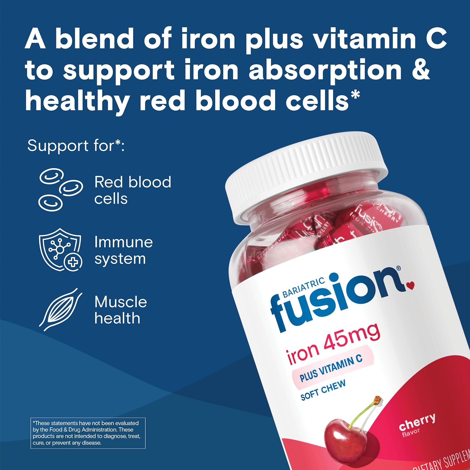 Bariatric Fusion Iron Supplement for Women Anemia | Chewable Iron with Vitamin C | Cherry Flavored Soft Chew | Gentle on Stomach Ferrous Fumarate for Women and Men | Gluten Free | 60 Count