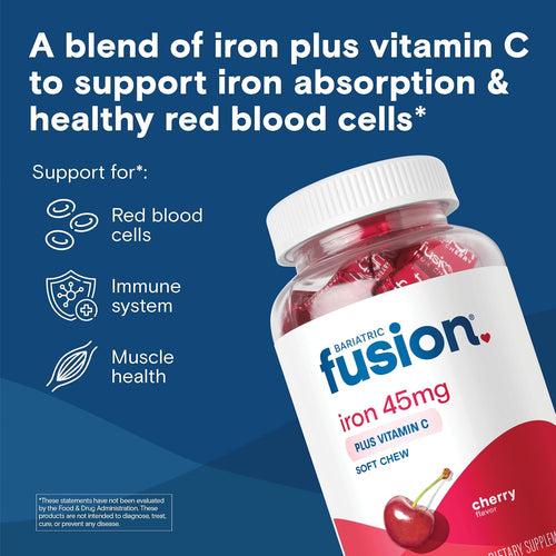 Bariatric Fusion Iron Supplement for Women Anemia | Chewable Iron with Vitamin C | Cherry Flavored Soft Chew | Gentle on Stomach Ferrous Fumarate for Women and Men | Gluten Free | 60 Count