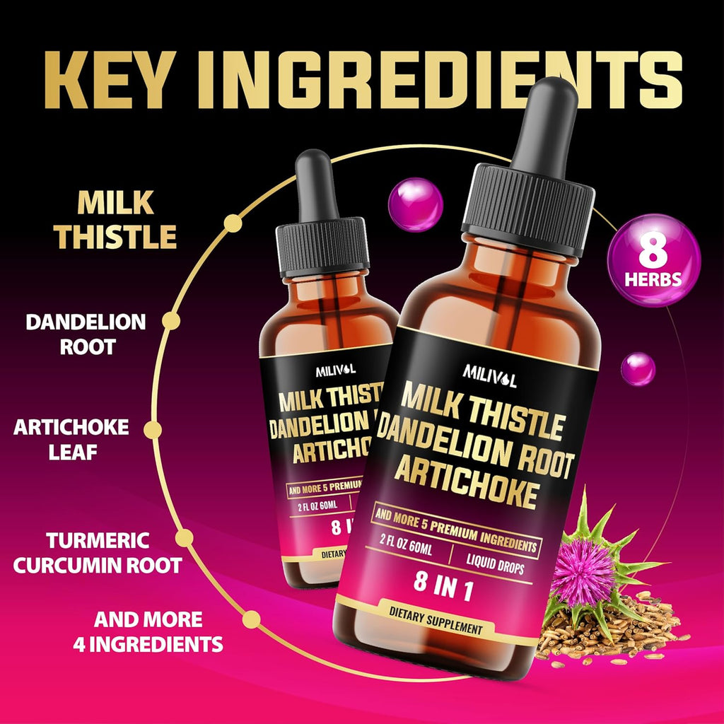 8in1 Milk Thistle Liquid Drops with Dandelion Root Extract, Artichoke Tincture, Turmeric Curcumin, Schisandra Berry, Chanca Piedra, Peppermint and Beet Root - 60 Days Supply - 2 Fl Oz