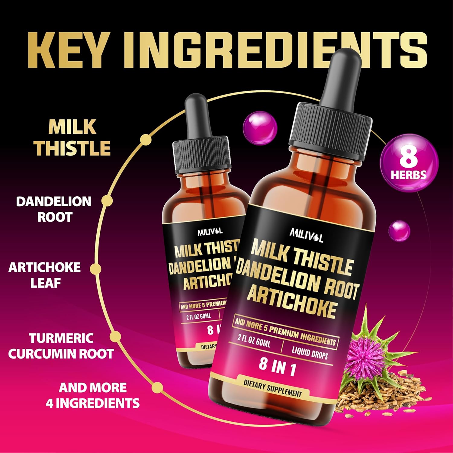 8in1 Milk Thistle Liquid Drops with Dandelion Root Extract, Artichoke Tincture, Turmeric Curcumin, Schisandra Berry, Chanca Piedra, Peppermint and Beet Root - 60 Days Supply - 2 Fl Oz