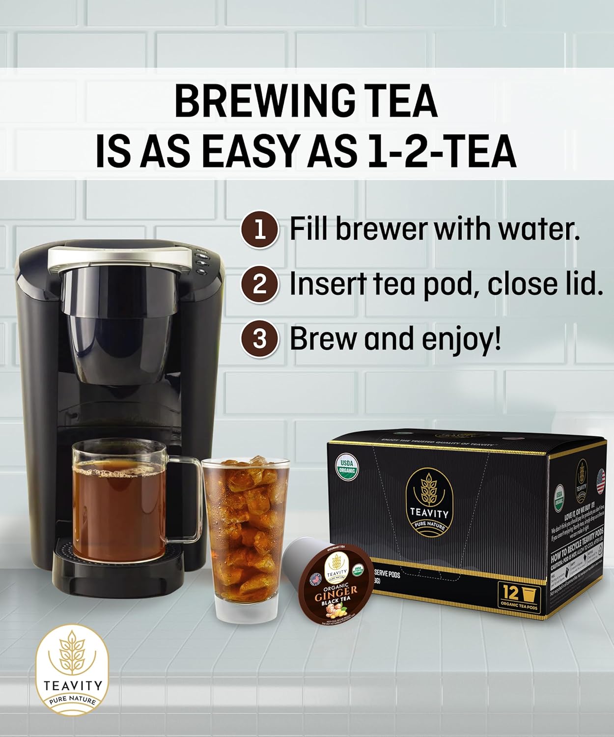 Organic Ginger Tea Pods for Keurig with Unsweet Black Tea for K Cup Brewing - Ginger Black Tea by Teavity (12 Tea Pods)