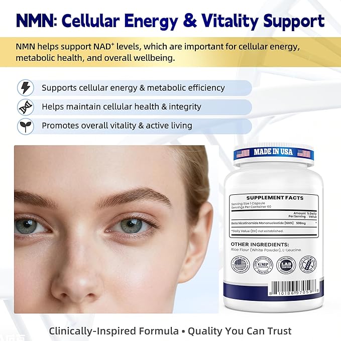 NMN 500MG Per Capsule – High Purity 99.9% NMN, NAD+ Support for Cellular Energy & Healthy Aging, 60 Capsules, Third-Party Tested, cGMP Made in USA