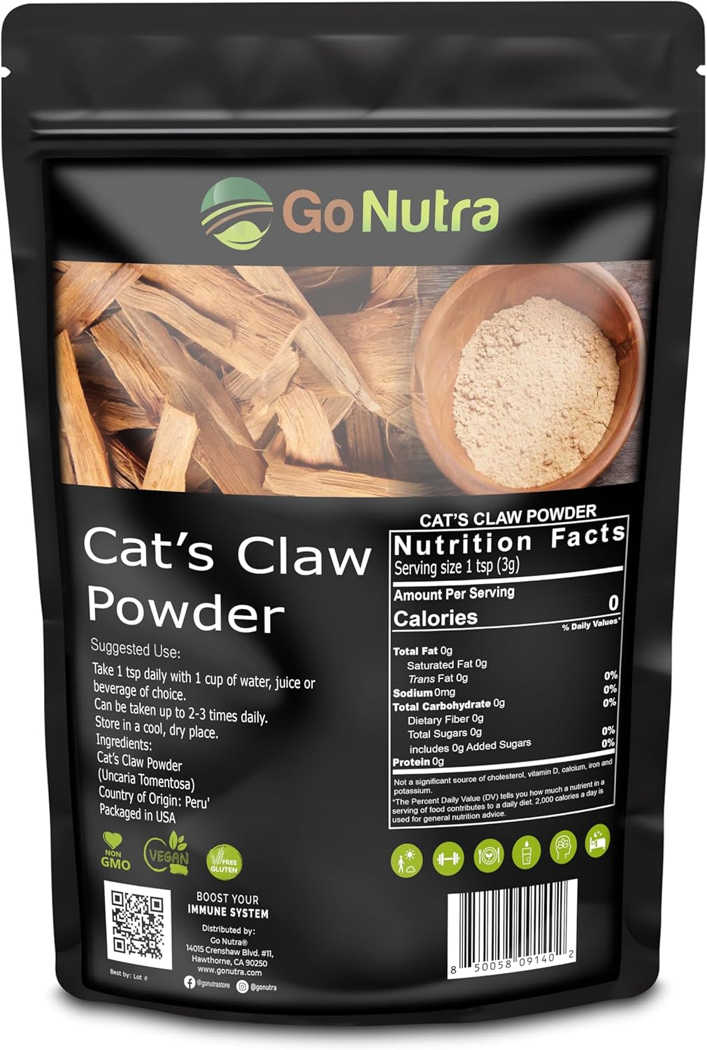 Go Nutra - Cat’s Claw Powder, Pure Cats Claw Herbal Supplement Wildly Harvested from Peru, All Natural UNA de Gato for Water, Tea, Juice, and More, Non-GMO, Gluten-Free, Vegan, 8 oz