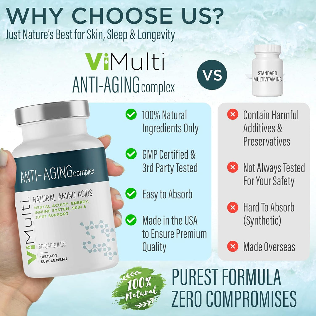 Anti-Aging Natural Amino Acids Supplement for Women & Men – Supports Immune Health, Energy, Smoother Skin Tone, & Restorative Sleep, Anti-Aging Supplement Pills for Longevity, 60 Capsules