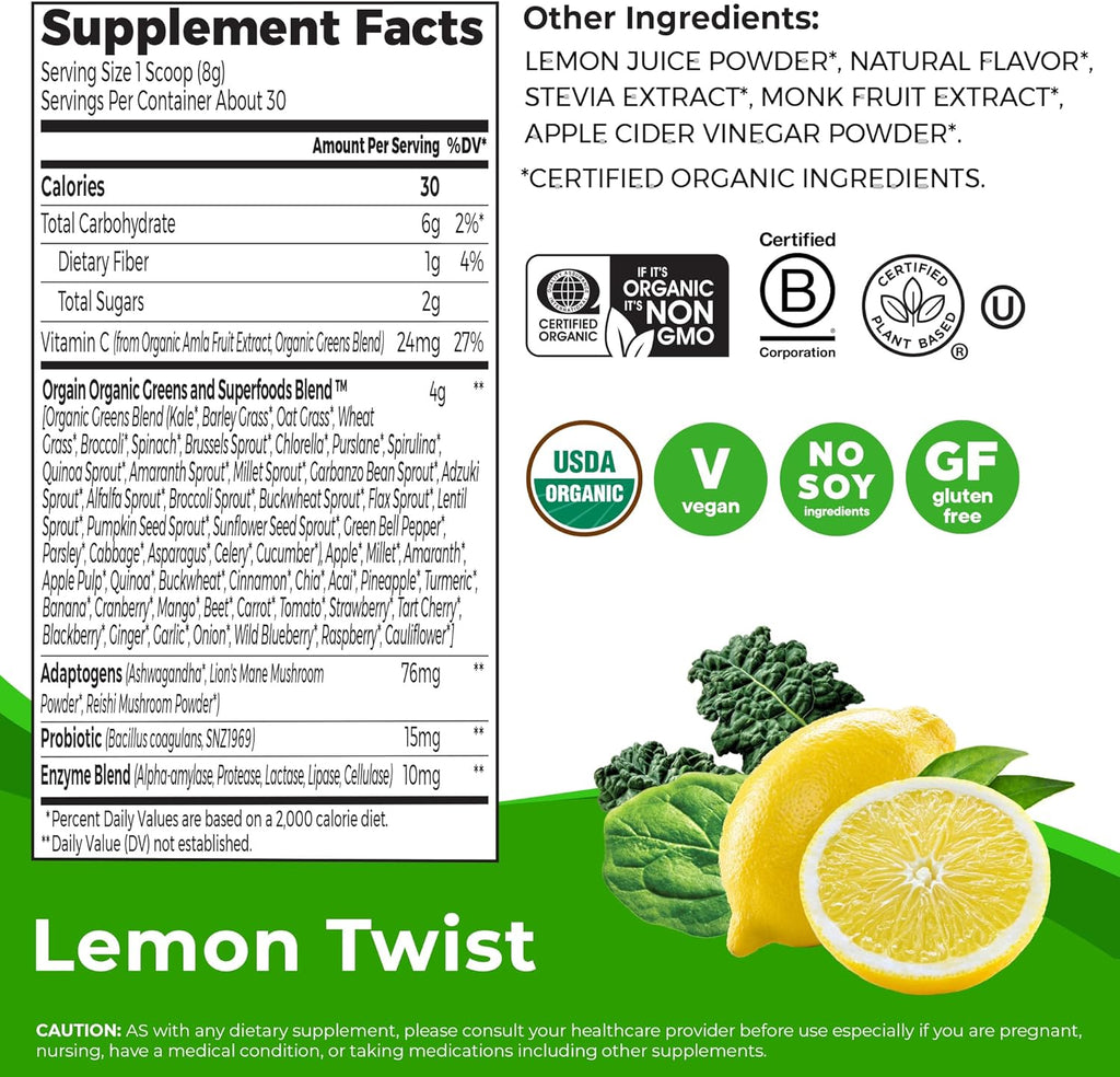 Orgain Supreme Greens Powder with 25 Organic Greens, 50 Superfoods, 1 Billion Probiotics, and Adaptogens, Vegan Greens for Gut Health and Immune Support, 1.5 Servings of Fruit and Veggies, Lemon Twist