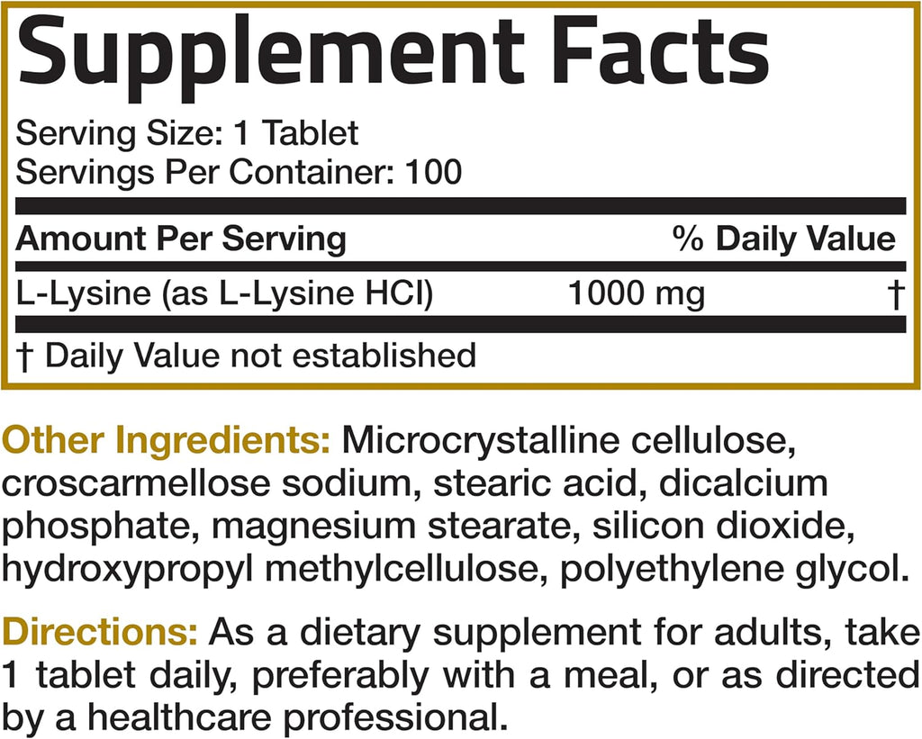 Bronson L-Lysine Extra Strength 1000 MG per Tablet High Potency, Immune Support & Supports Collagen Synthesis, Non-GMO, 100 Vegetarian Tablets