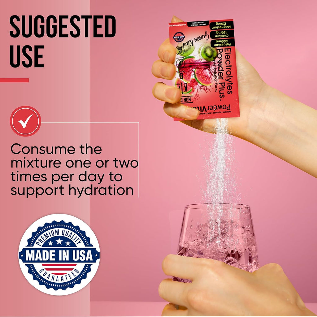 PowderVitamin Electrolytes Powder Plus, Keto, Guava Kiwi, Sugar Free, Pink Himalayan Salt, 1000mg Potassium, 120mg Calcium, 120mg Magnesium, Non-GMO, Zero Calories, (16 Hydration Packets)