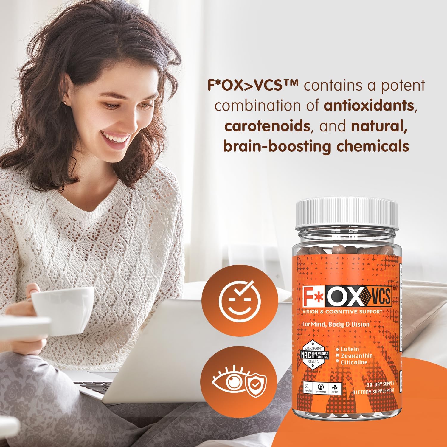 Vision & Cognitive Support Supplement - Nourish Your Mind and Eyes - Oxidative Stress Defense - Vegan & Gluten-Free - Mega-Potent Antioxidant 60 Capsules