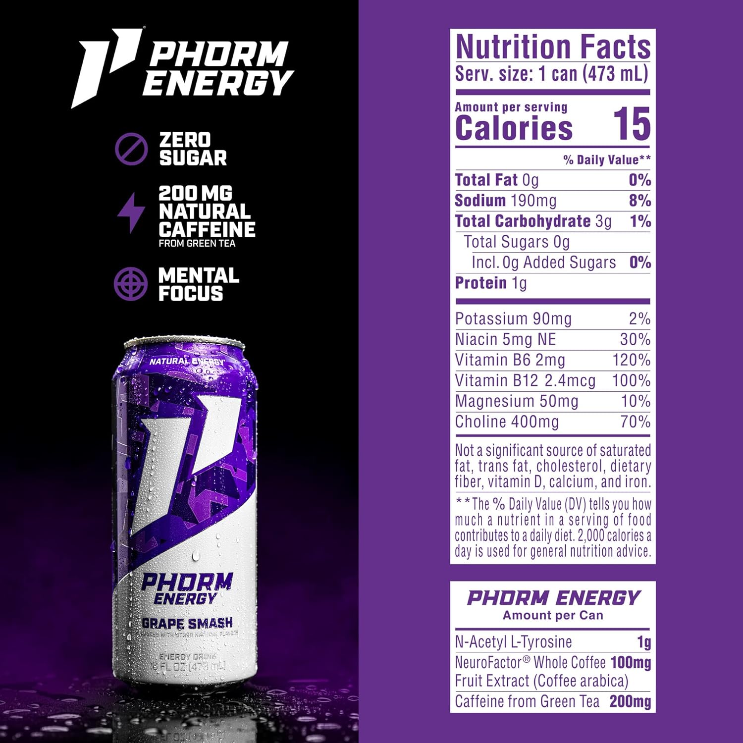 Phorm Energy Drink, Grape Smash Flavor, 200 MG Natural Caffeine From Green Tea, Sugar Free Carbonated Drink With Electrolytes & Vitamin B12, Dairy & Gluten Free, Vegan, 16 FL Oz Cans, 12 Pack