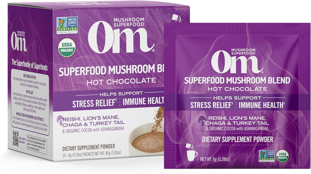 OM MUSHROOM SUPERFOOD Hot Chocolate Blend Mushroom Powder, Single Serve, 10 Count, Dutch Cocoa, 2g of Sugar, 25 Calories, Lion's Mane, Reishi, Chaga, Turkey Tail, Focus and Stress Support