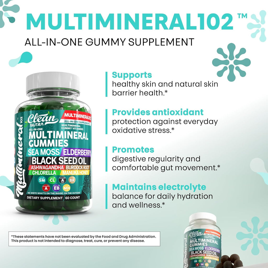 Sea Moss Gummies | Clinically Tested - Black Seed Oil Ashwagandha Elderberry Burdock Root Chlorella Manuka Honey - Vegan Irish Sea Moss Gummy Vitamins for Adults Kids Men Women - Green Apple Flavor