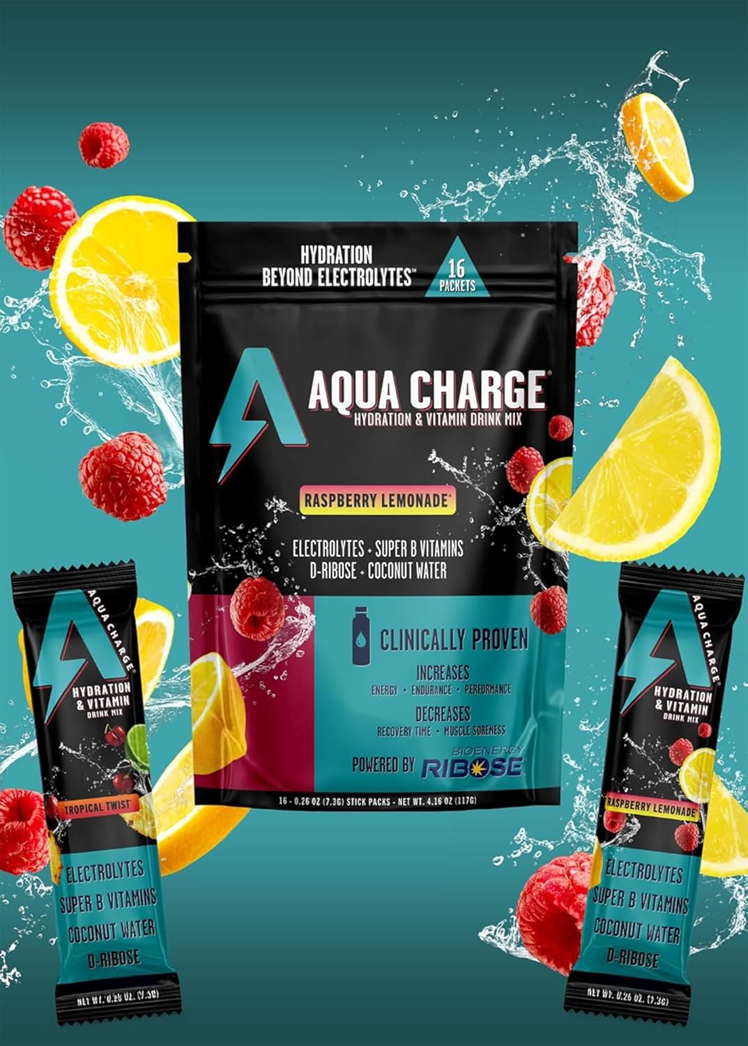 Grab The Gold Aqua Charge Electrolytes Drink Mix | Naturally Flavored Sugar-Free, Hydration Drinks with B Vitamins | Vegan, Gluten-Free, Non-GMO | Raspberry Lemonade - 16 Packs